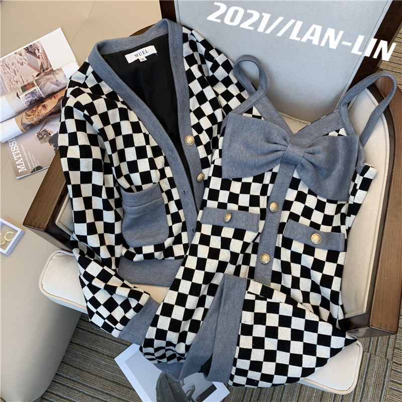 Contrast Black White Checkerboard Coat Short Cardigan Casual 2Piece Sets Retro Bow Spaghetti Strap Plaid Dress Bodycon Outfits alx