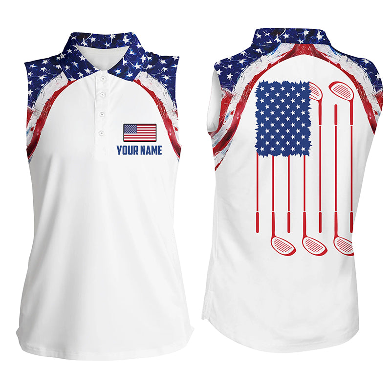 Watercolor American Flag White Womens Sleeveless Polo Shirts, Custom Golf Tops For Ladies Golf Gift