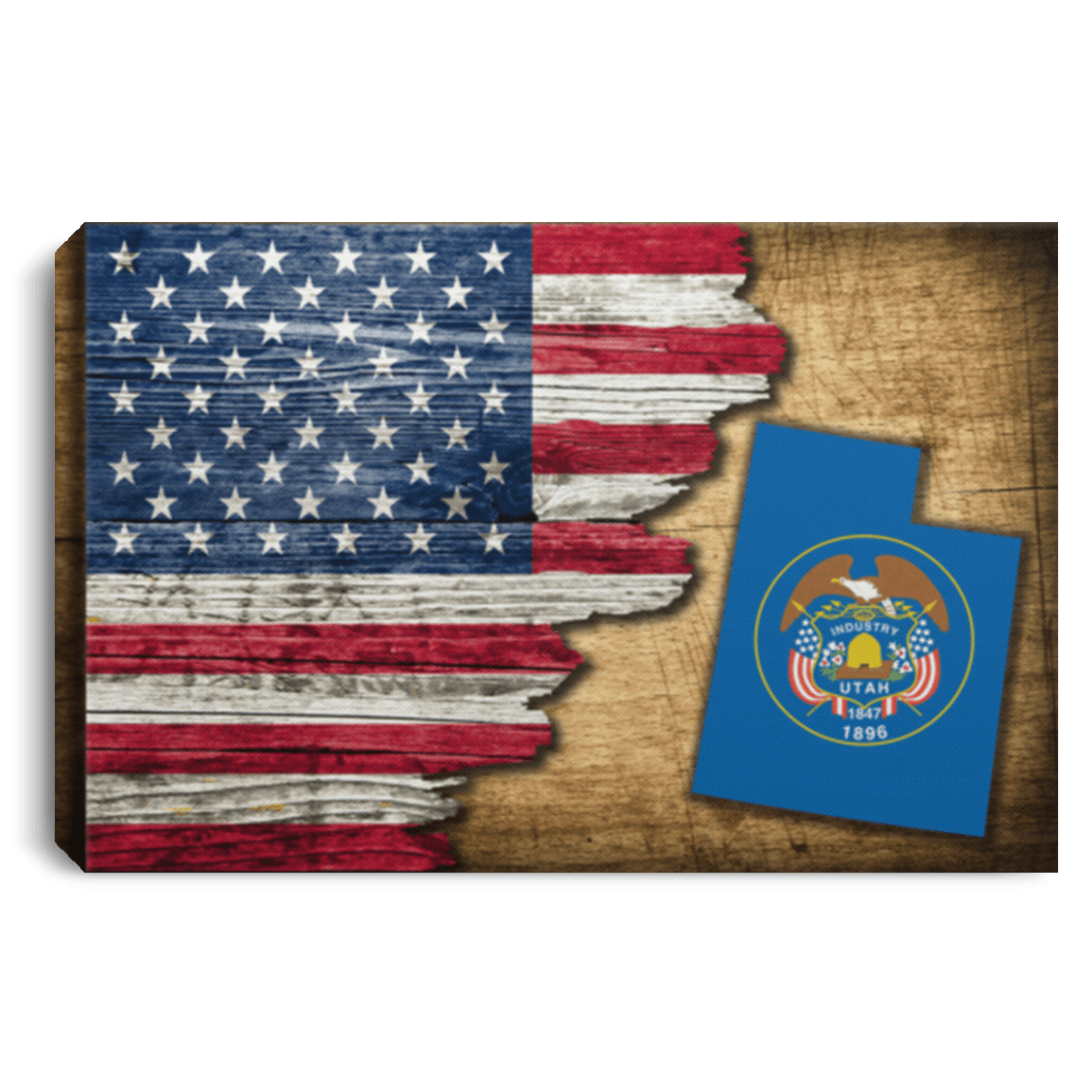 United States/Utah Flag Ripped Effect 12X8 Inches Landscape Canvas .75In Frame