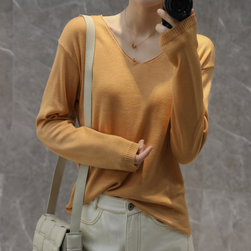 V-neck sweater women’s long-sleeved short knitted sweater fall spring thin bottoming shirt top alx