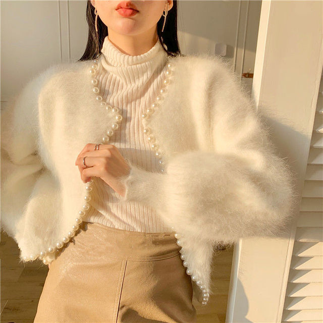 Sweet Lantern Sleeve Mink Cashmere Sweater Knitted Cardigan Korean Beads 2021 New Causal Knitwear Open Stitch alx