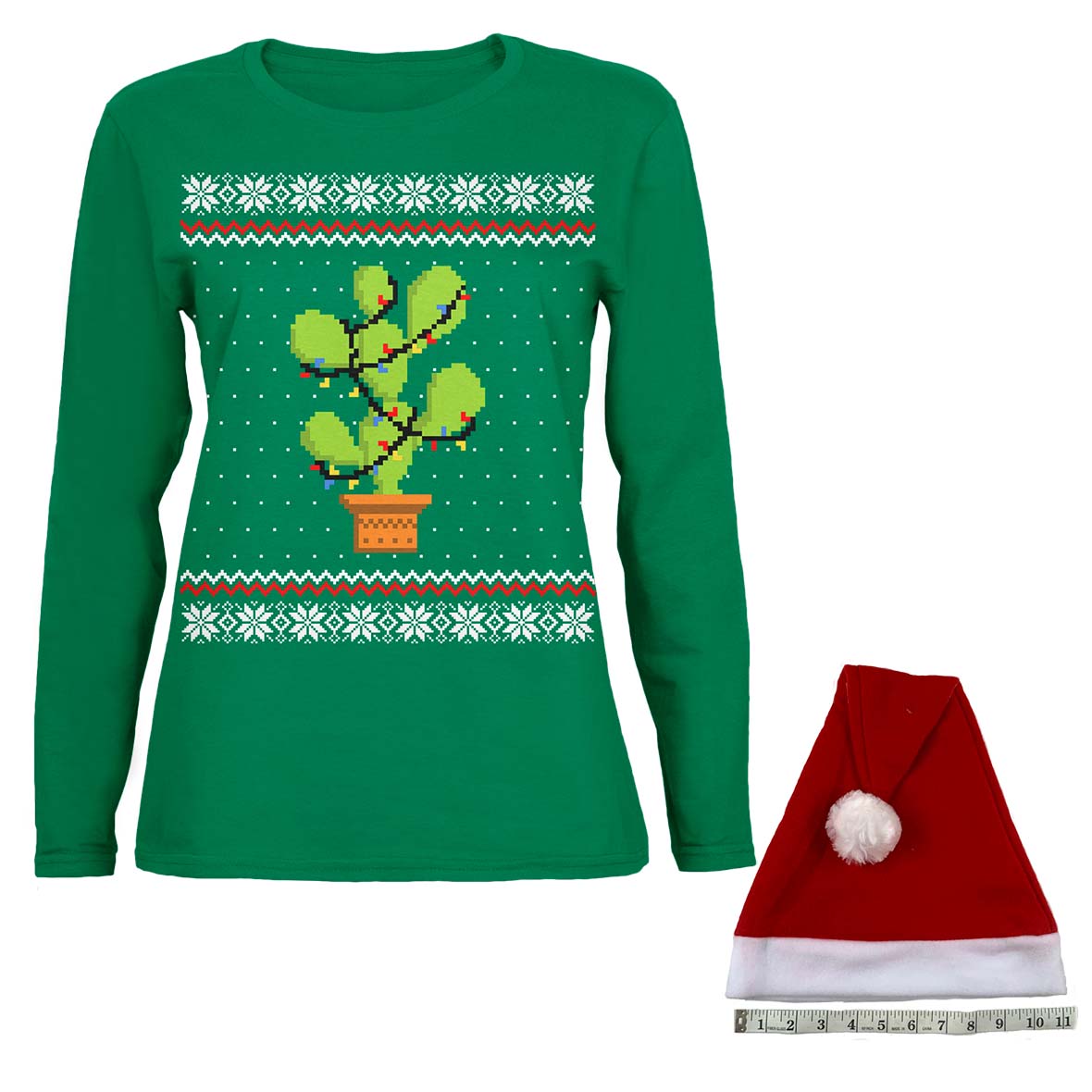 Cactus Prickly Pear Tree Ugly Christmas Sweater Womens Long Sleeve T Shirt Santa Hat