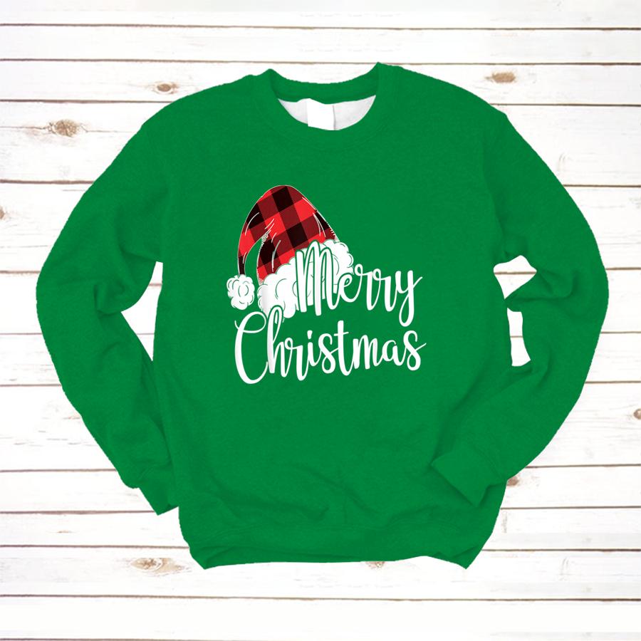 Merry Christmas Gift Cute Plaid Santas Hat Funny Women Xmas T Shirt