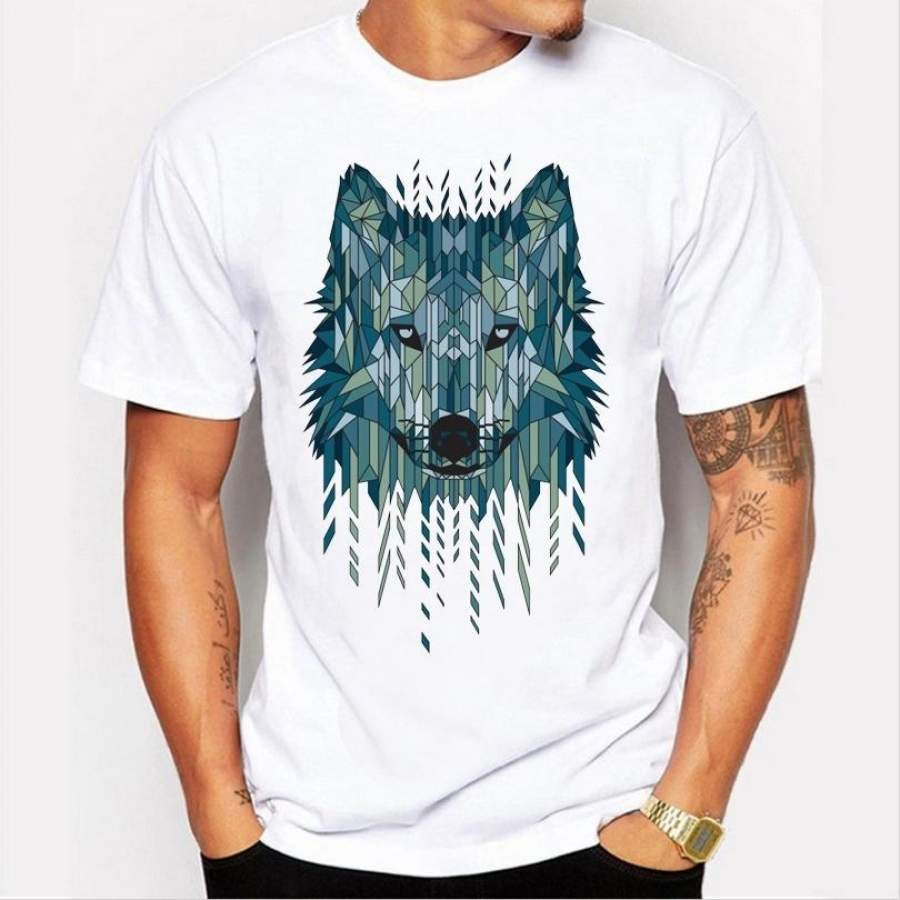 2017 Summerblouse Newest Fashion Men T-Shirt Geometric Splicing Wolf Printing O-Neck Comfortabletshirt Cotton T Shirt