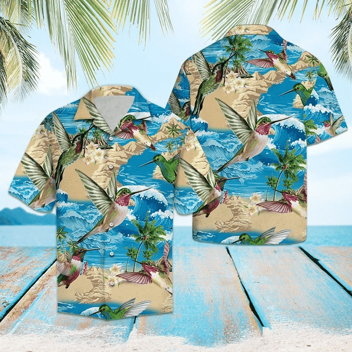 Hummingbird On Beach Summer Blue Wave Pattern Hawaii Shirt For Men And Women Ha41151