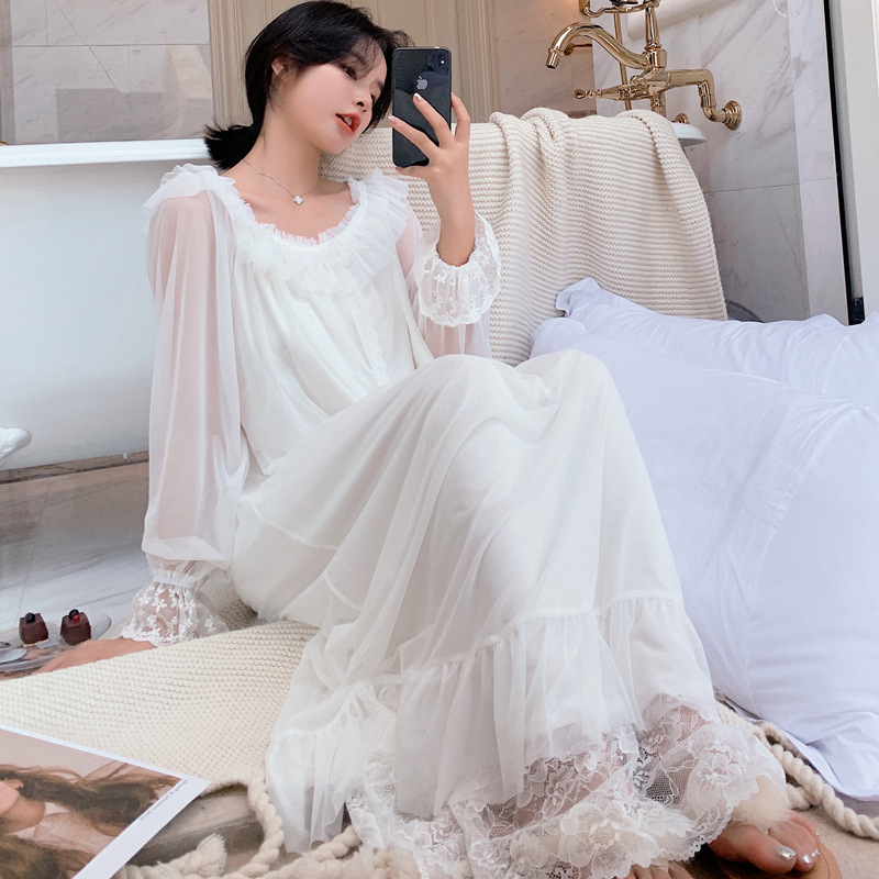 Women’s Lolita White Princess Dress Sleepshirts Vintage Palace Style Multilayer Lace Mesh Nightgowns Nightdress Sleep Loungewear alx