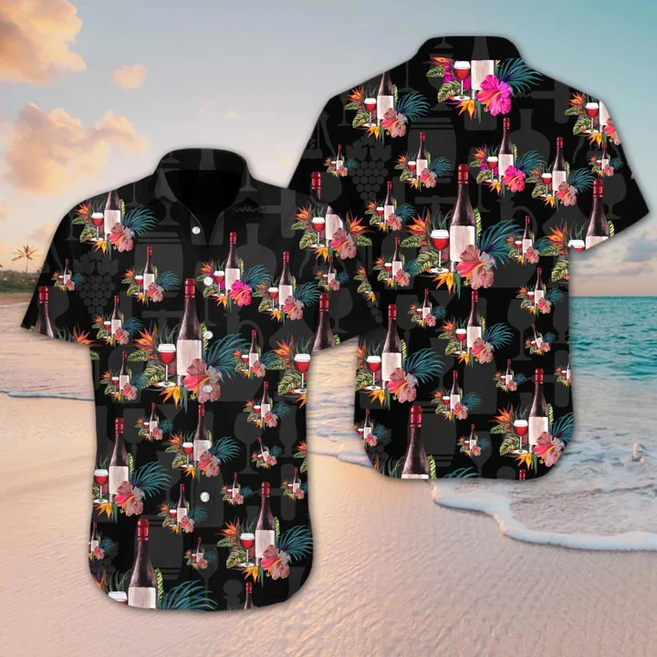 Grape Wine Bottle With Flower Tropical Jungle Pattern Hawaii Shirt Ha29479