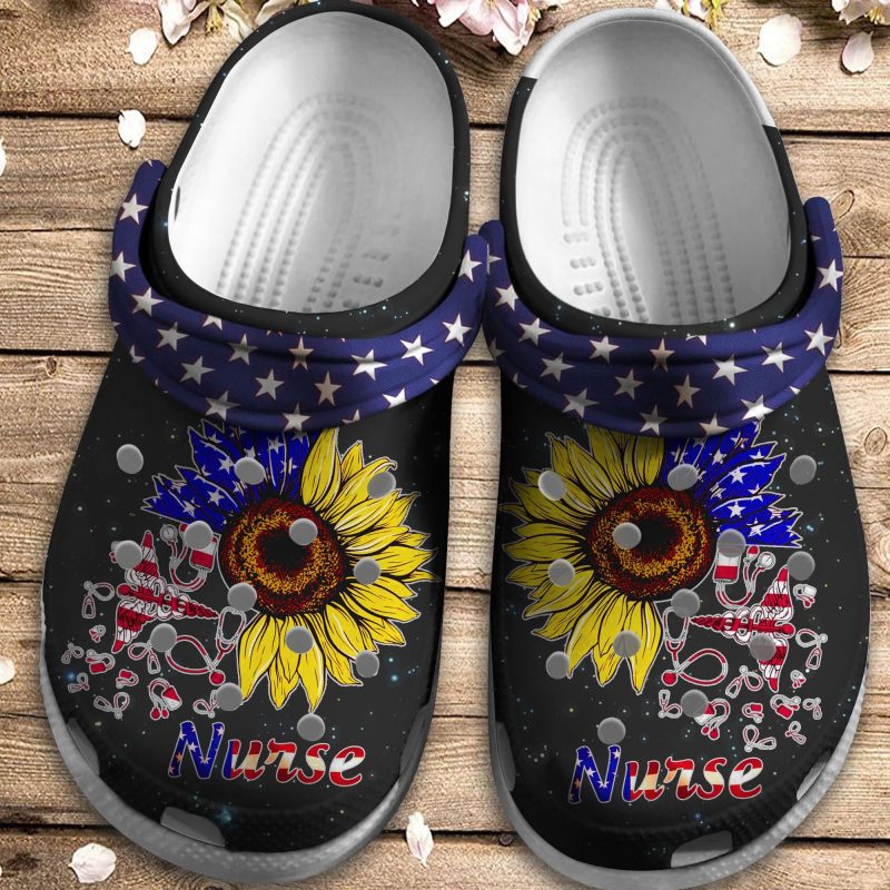 Sunflower Nurse Us Flag Shoes 4Th Of July – Nurse Shoe Outdoor Shoes Birthday Gift For Woman Girl Daughter Sister Friend