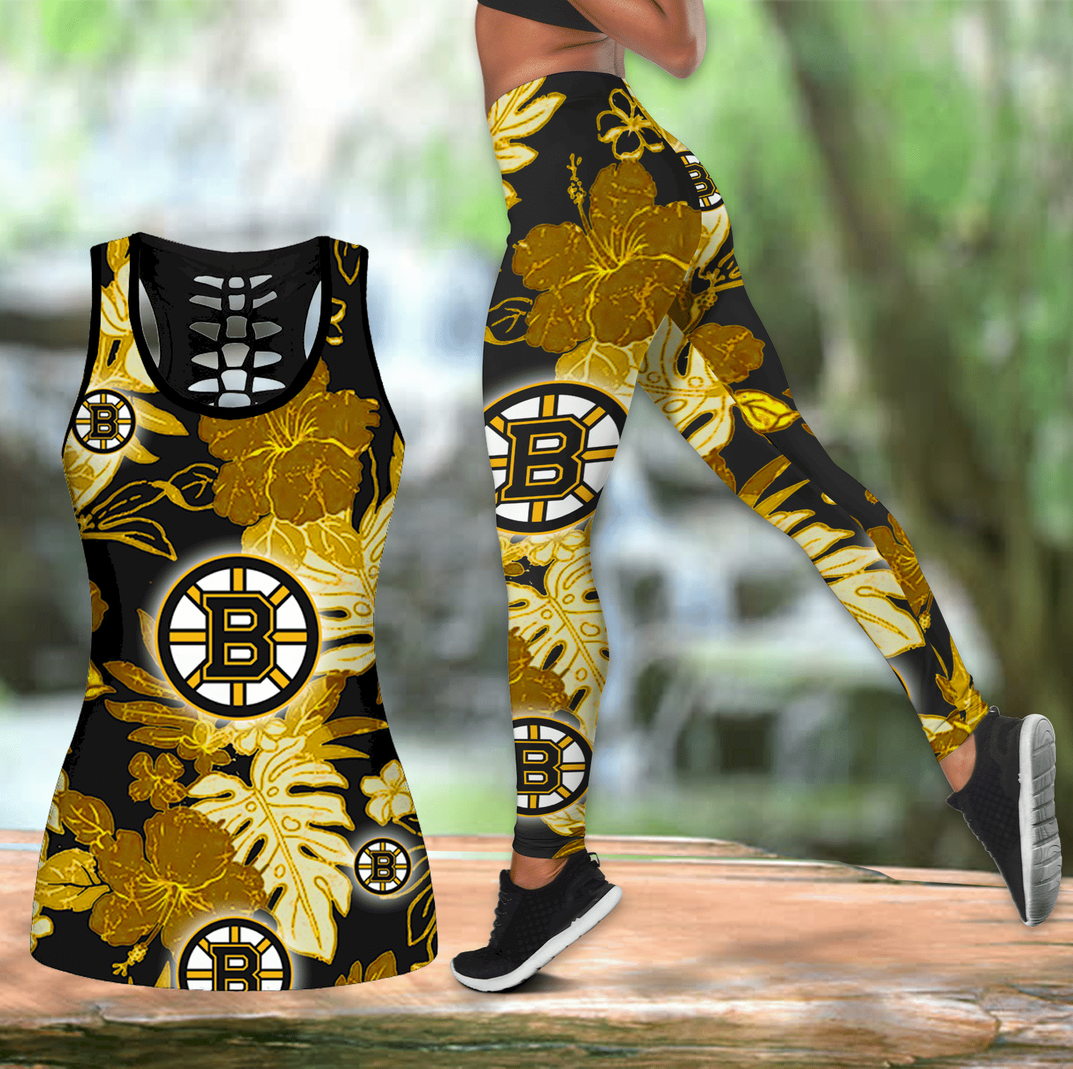 Combo Boston Bruins Hawaiian Flower Hollow Tanktop  Leggings Set V1601