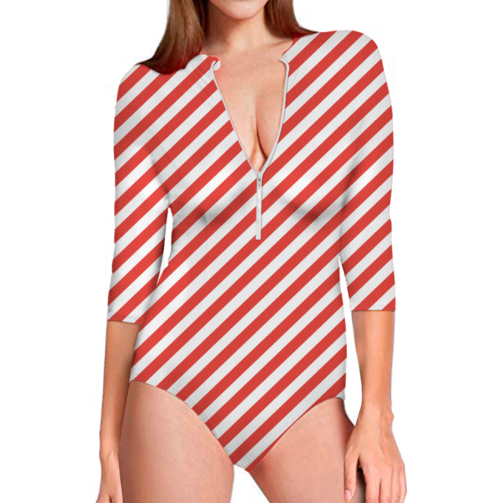 Red And White Candy Cane Striped Print Long Sleeve One Piece Swimsuit