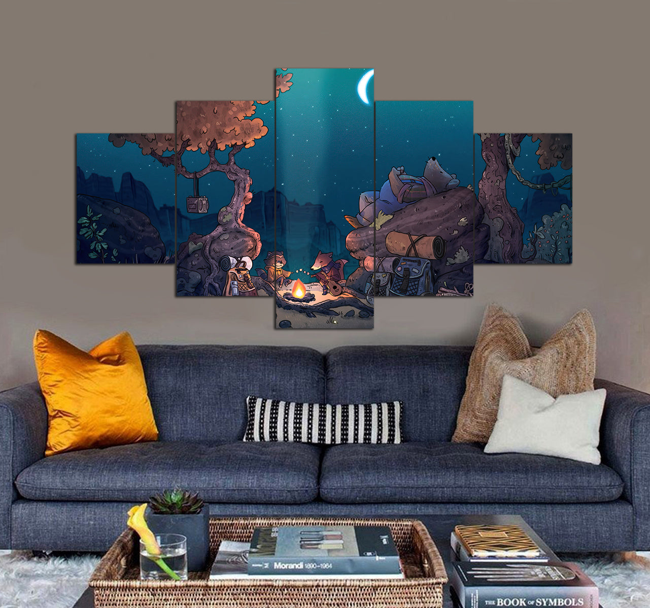 Lofi Chillhop Raccoon Night Camping Bonfire 3D 5 piece canvas art