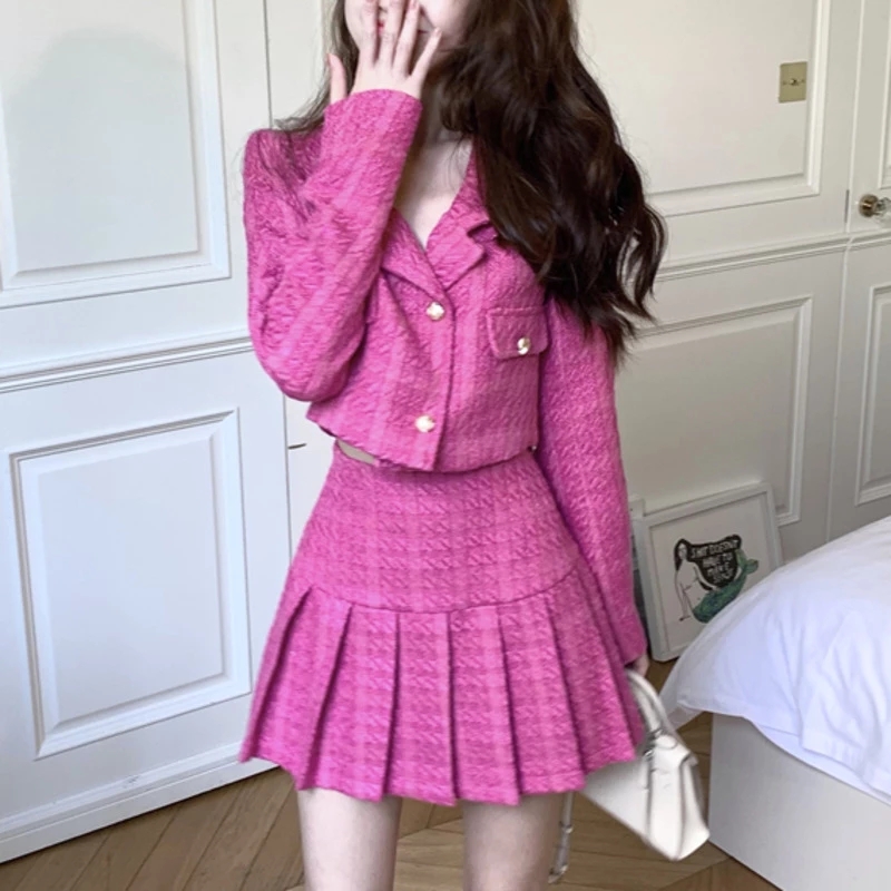 Tweed Two Piece Set Women Autumn New Lapel Long Sleeve Short Jacket Coat and High Waist Pleated Mini Skirt Suits for Female alx