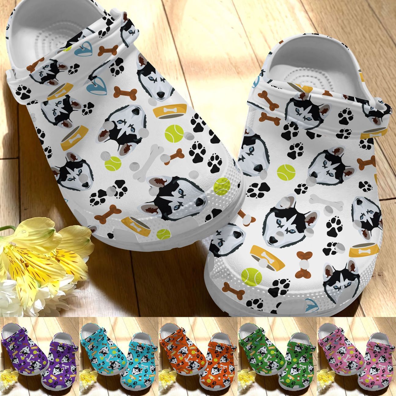 Husky Personalize Clog, Custom Name, Text, Fashion Style For Women, Men, Kid, Print 3D Whitesole Happy Husky