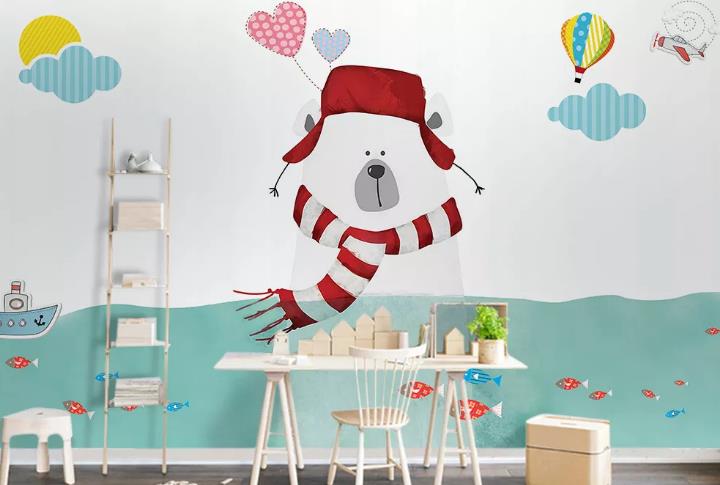 3D Cartoon Animal Bear Sea Hot Air Balloon Wall Mural Wallpaper Lqh 267