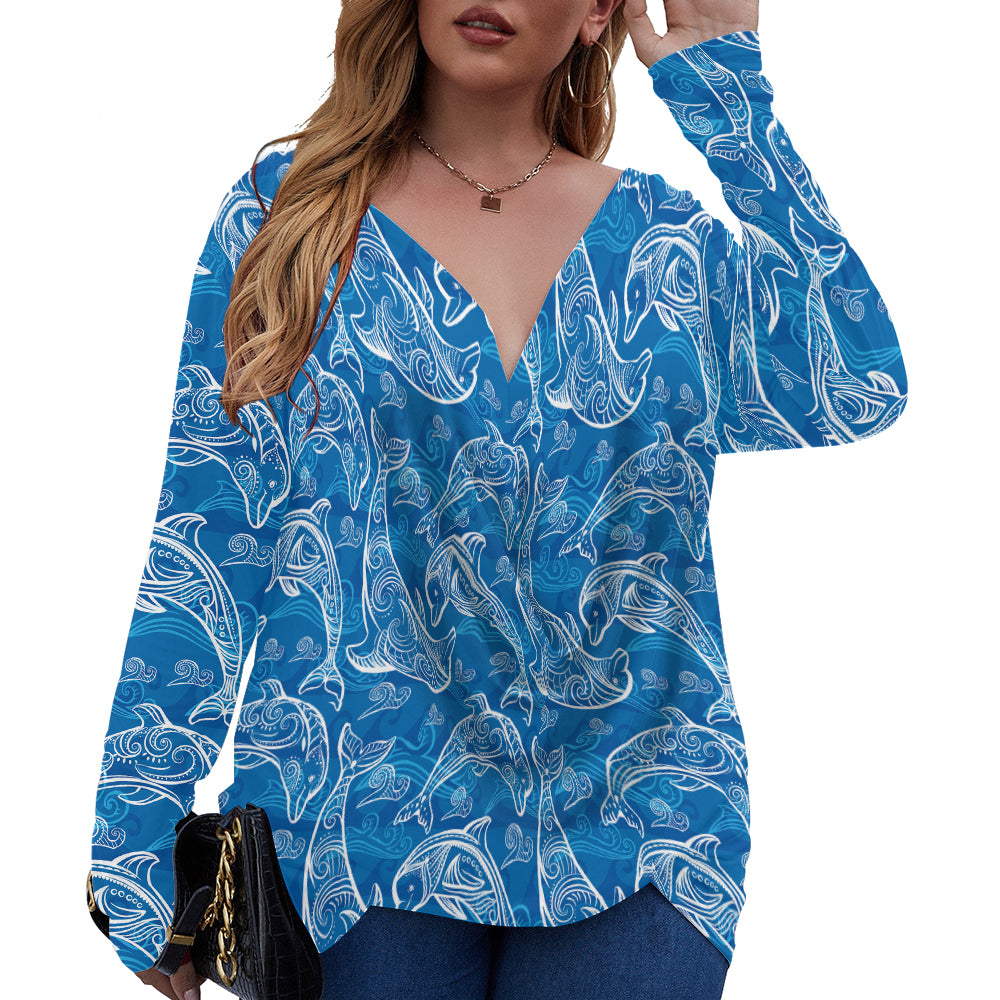 Blue Dolphin Pattern V-Neck Long Sleeve Plus Size T-Shirt