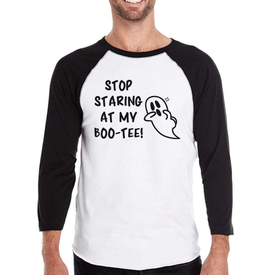 Stop Staring At My Boo-Tee Ghost Mens Black And White BaseBall Shirt