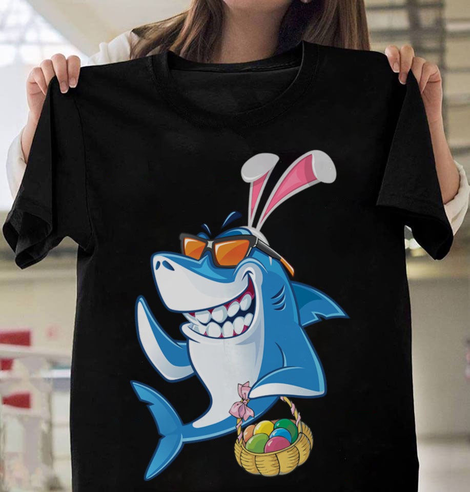 Shark & Bunny Rabbit Hat & Basket Egg Happy Easter Day Graphic Unisex T Shirt, Sweatshirt, Hoodie Size S – 5XL