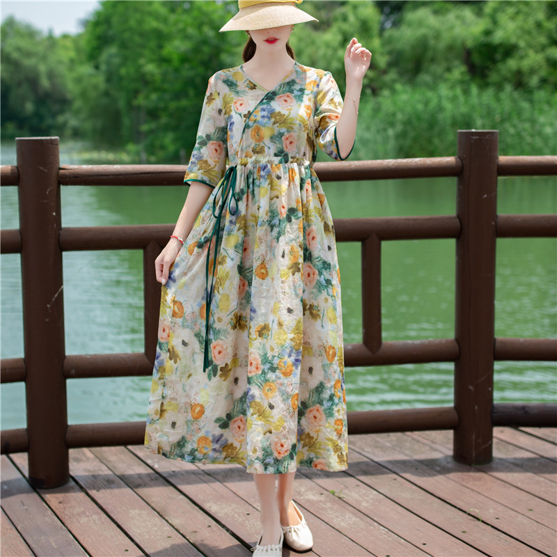 2022 New Arrival Thin Soft Loose Cozy Summer Dress V-neck Print Floral Holiday Travel Casual Women Beach Style Midi Dress alx