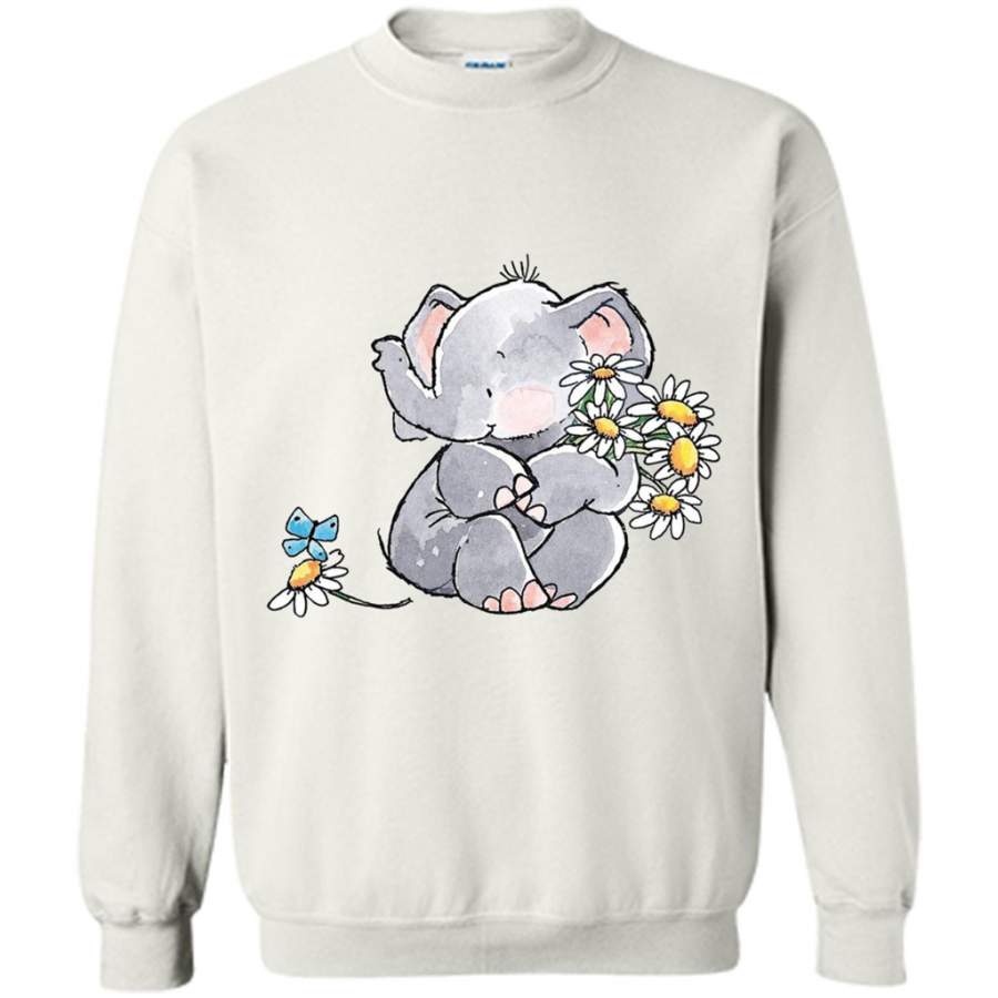 Watercolor Cute Baby Elephant With Butterfly and Flowers – Gildan Crewneck Sweatshirt