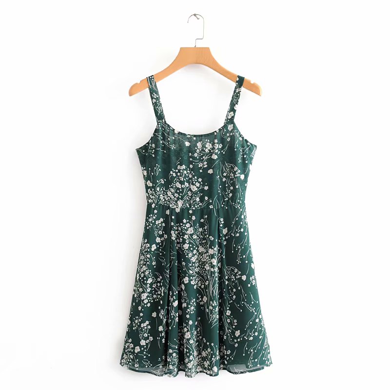 Bazaleas Holiday Green Floral Print spaghetti strap women mini Dress Vintage Slim women dress Chiffon vestidos alx