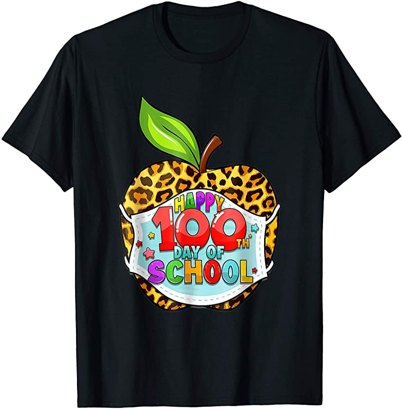 100th Day Of School Virtual Apple Leopard Mask Teachers T-Shirt