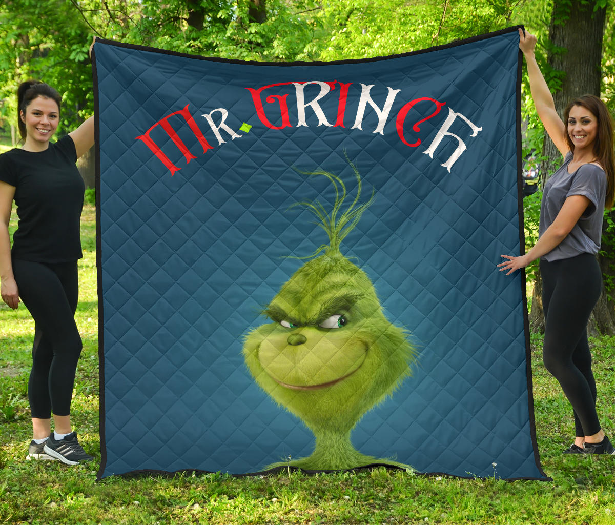 Christmas Premium Quilt | Mr. Grinch Smiling Thinking Face Quilt Blanket