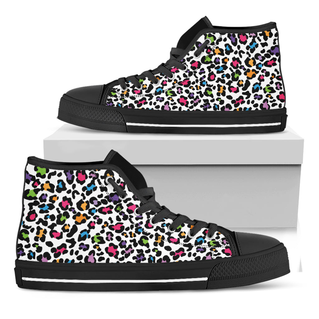 White And Rainbow Leopard Print Black High Top Shoes