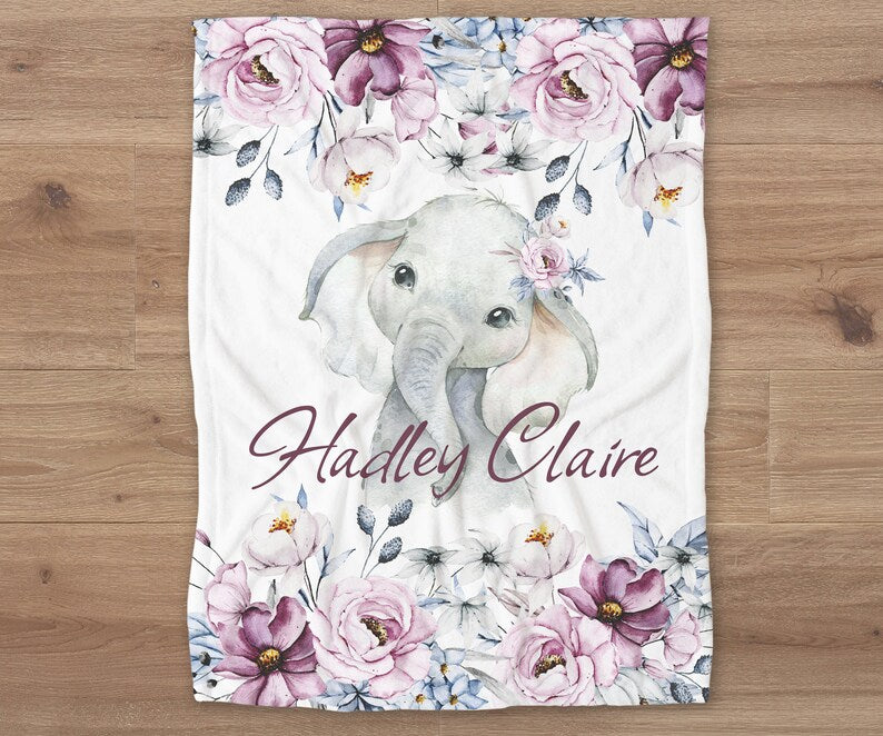 Personalized Elephant Name Blanket Custom Pink & Purple Flowers Baby Girl Name Blanket Floral Personalized Baby Blanket Floral Baby Shower Gift