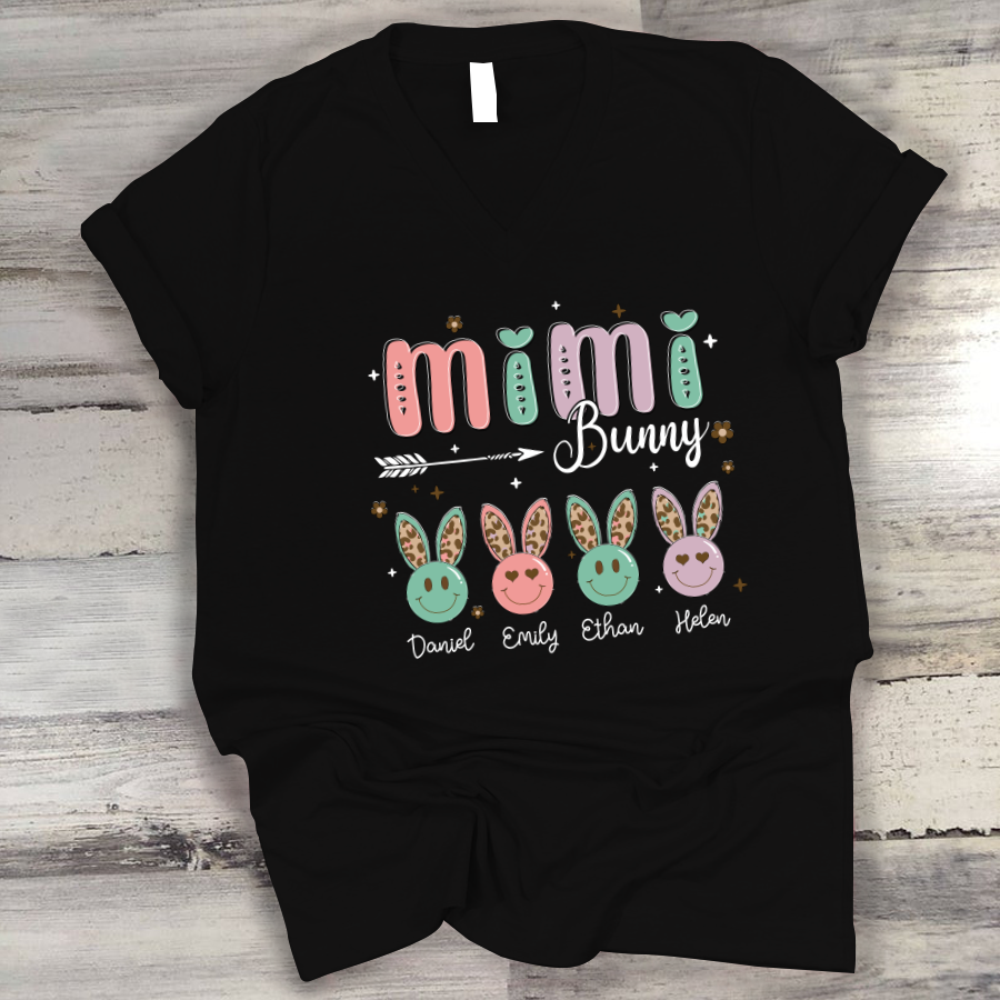 Personalized Bunny Grandma With Grandkids Cute V-Neck