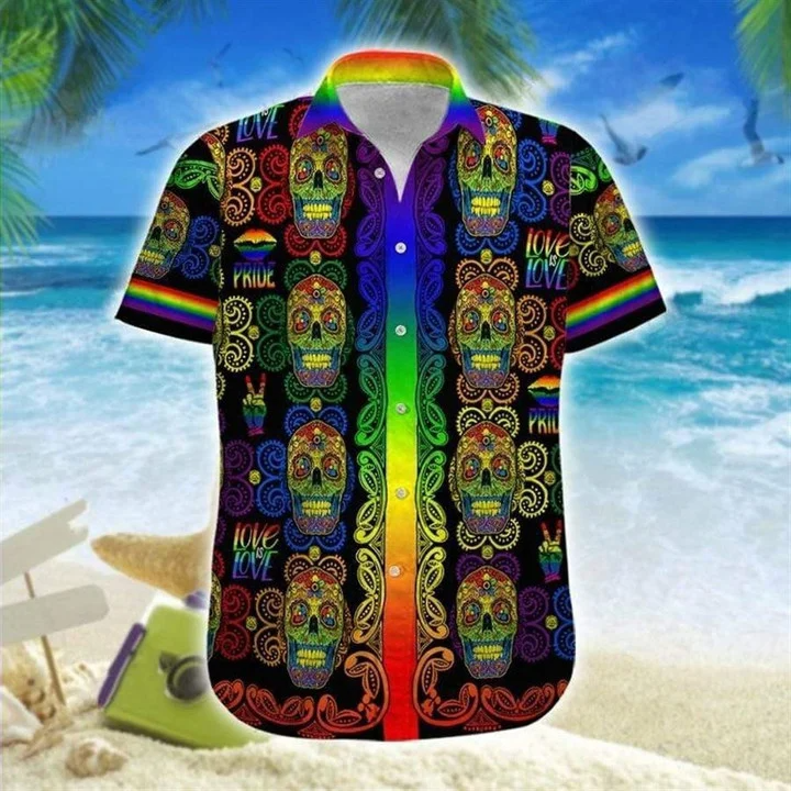 Beach Shirt Hawaiian Lgbt Sugar Skull Love Gay Pride Ha89669