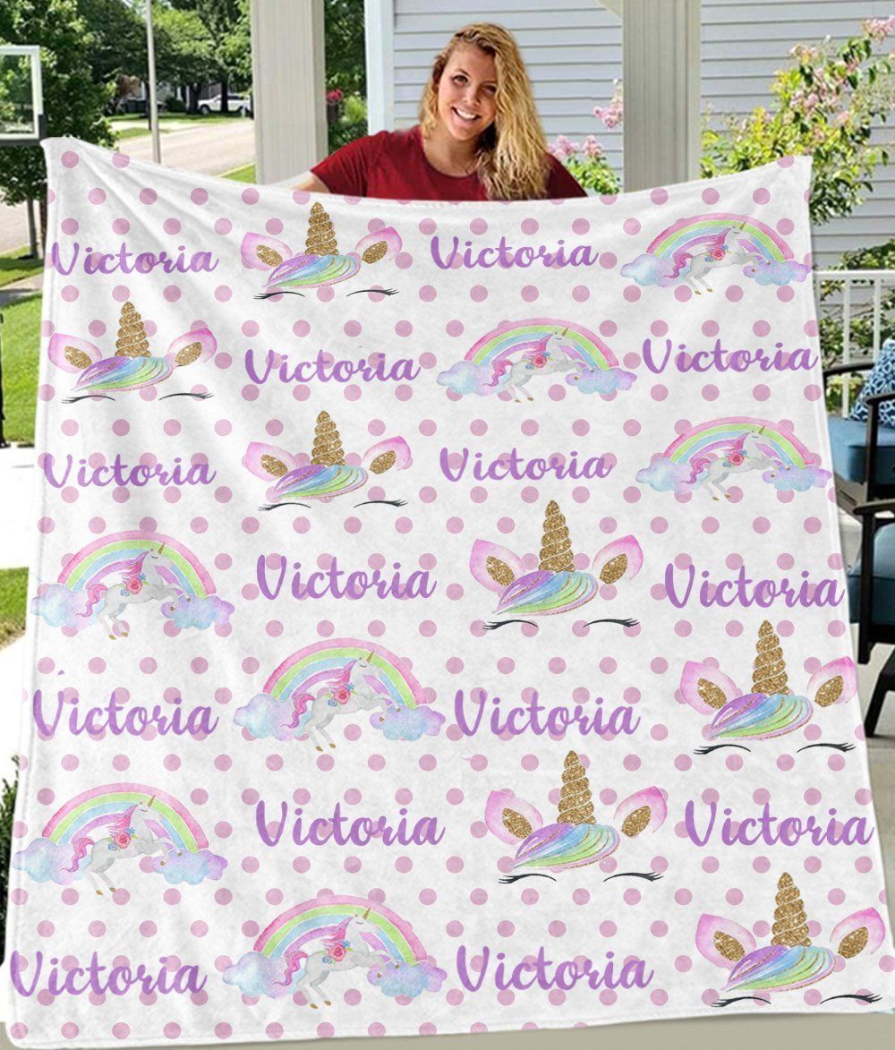 Victoria Name Custom Text Rainbow Unicorn Printed Fleece Blanket