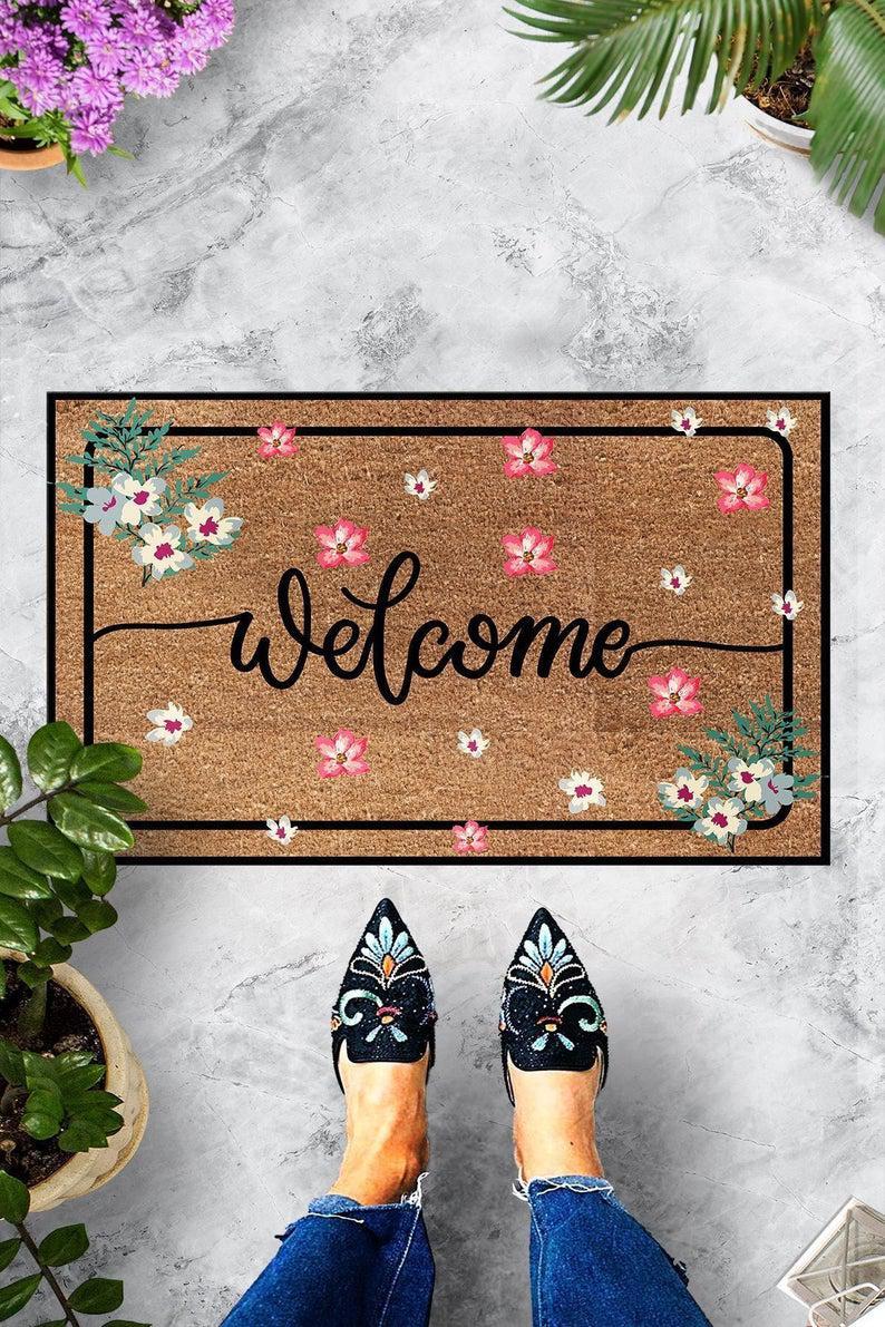 Welcome Pink Falling Flower Flower Doormat Indoor And Outdoor Mat Entrance Rug Sweet Home Decor Closing Gift Gift For Friend Family Birthday Floral Lovers Gift Idea