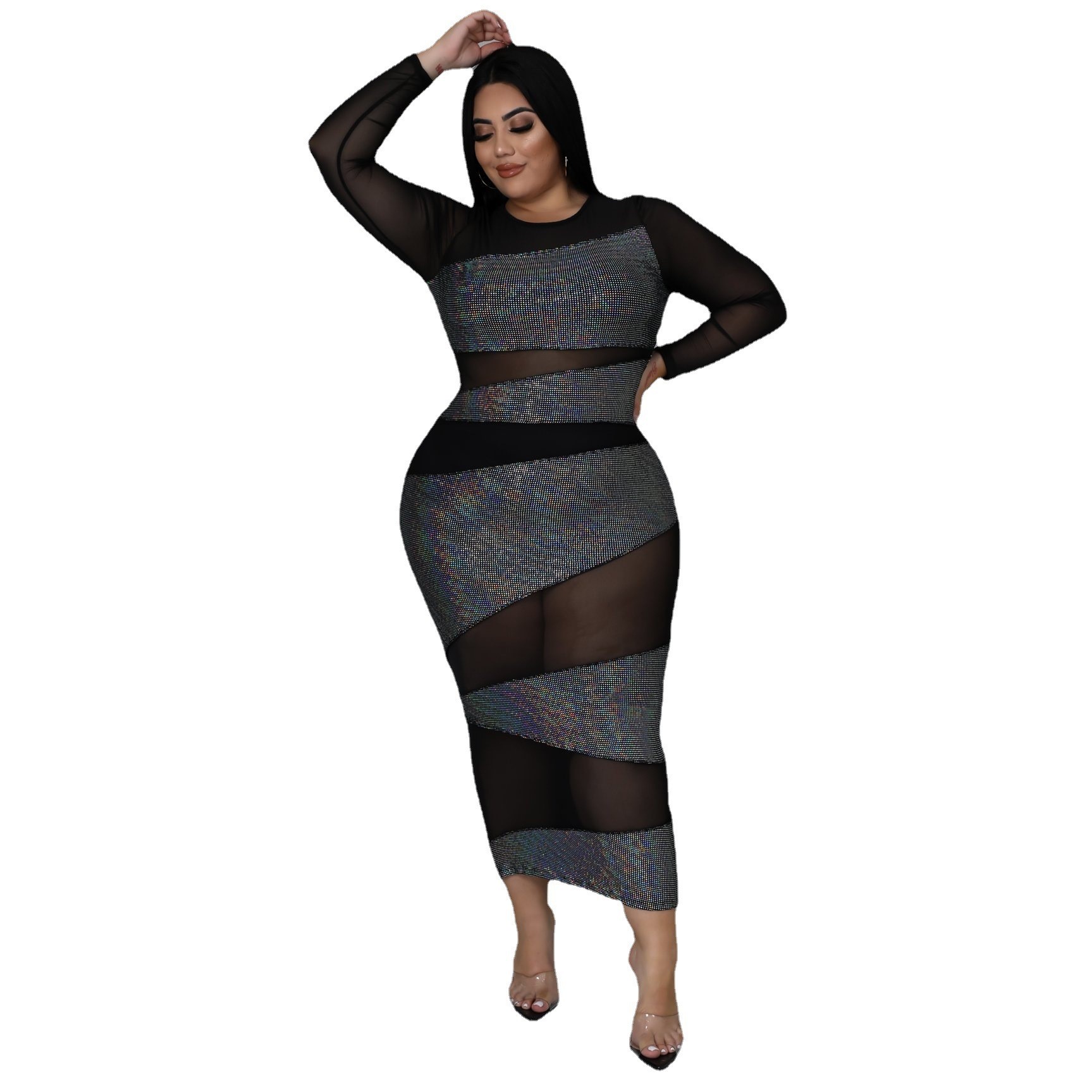 XL-4XL Winter Plus Size Dresses Black Mesh Sequined Long Sleeve Slim Club Sexy Perspective Party Dress Wholesale Dropshipping alx