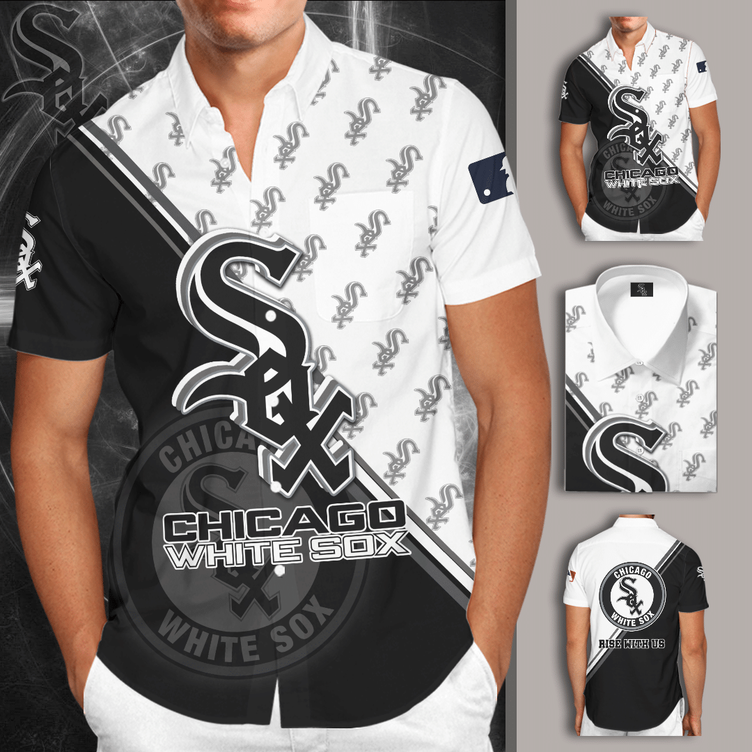 Chicago White Sox All Over Print 3D Short Sleeve Dress Shirt Hawaiian Summer Aloha Beach Shirt - Black White