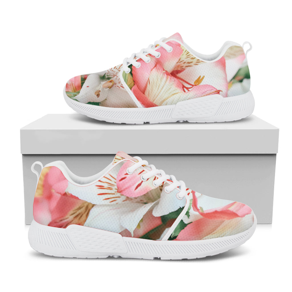 White And Pink Alstroemeria Print White Athletic Shoes