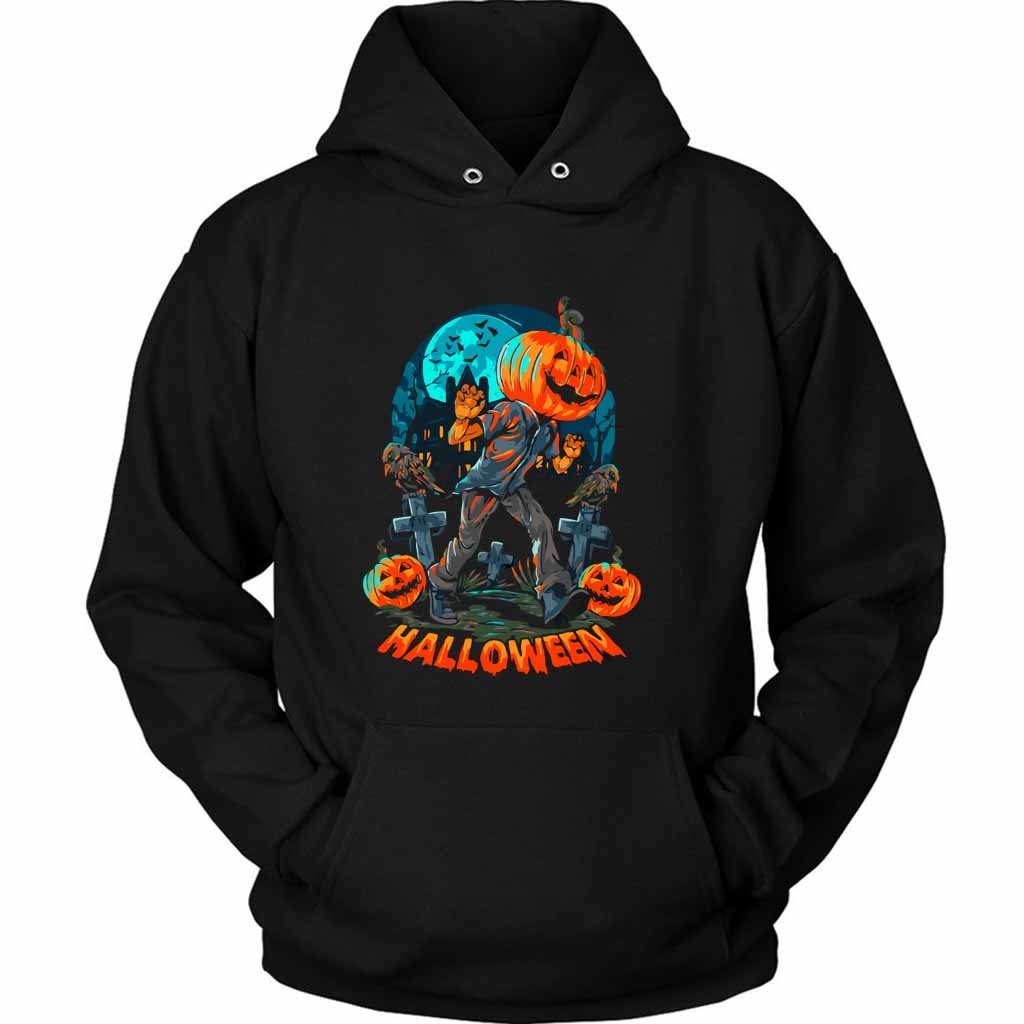 A Pumpkin Headed Human Walks On A Lonely And Dark Street Near A Haunted Empty House Unisex Hoodie