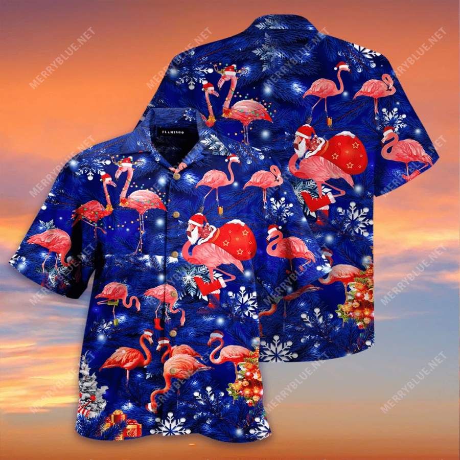 Flamingo Christmas Blue Sky Hawaii Aloha Shirts Ha58531