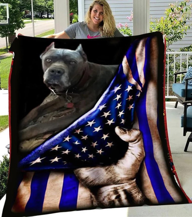 Pitbull Dog American Flag Gift Fleece Blanket Dog Lover Throw Sherpa Soft Cozy Blanket 60X80