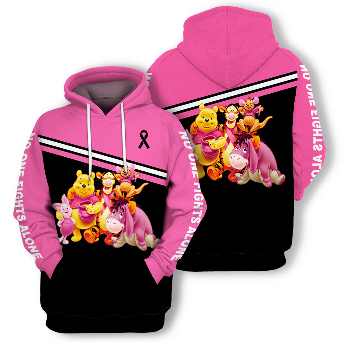 Breast Cancer Hoodie No One Fights Alone Winnie The Pooh Eeyore Tigger Black Pink Hoodie Adult Full Print