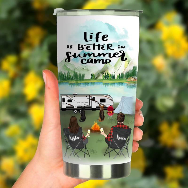 Custom Dog & Owners Camping Tumbler – Personalized Gift for Dog Lovers, Camping Couple – Couple & 2 Dogs