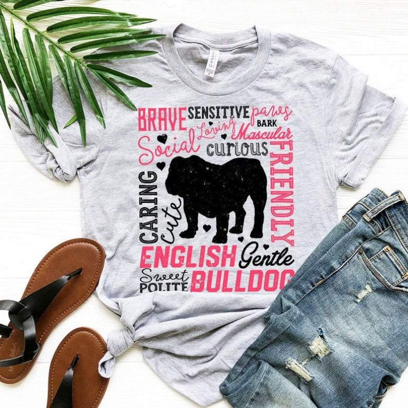 English Bulldog Typography Gift Dog Lovers Cotton T-shirt