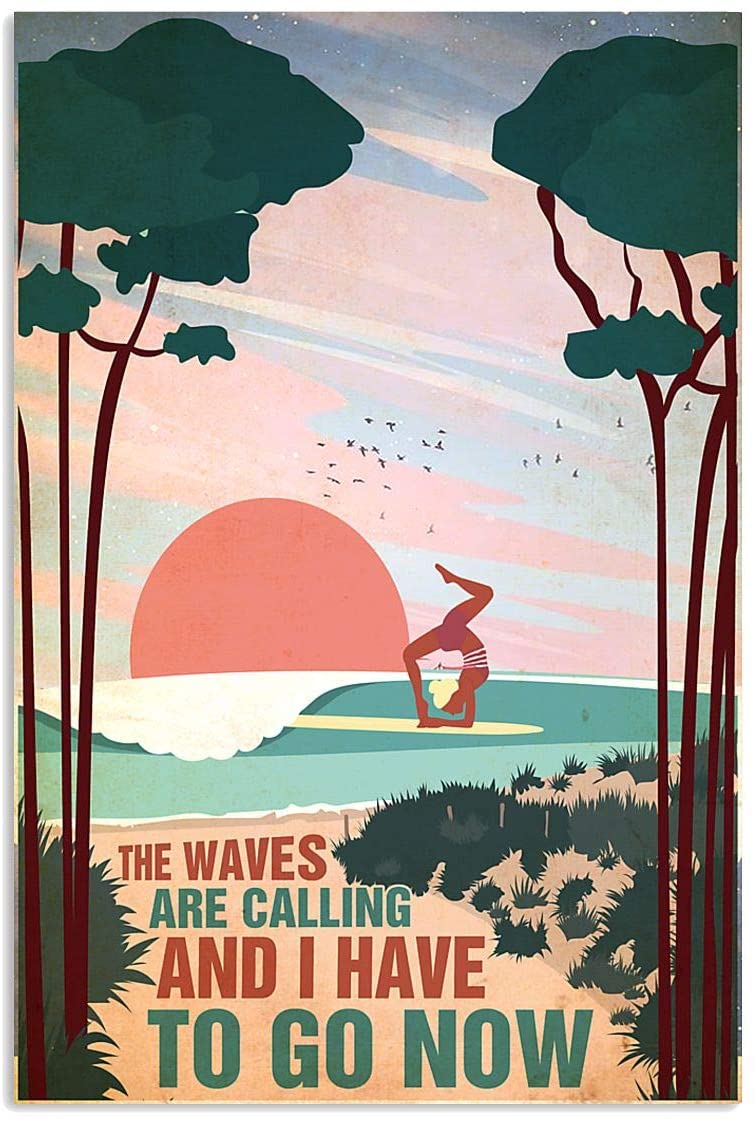 Vintage Girl Surfing Yoga The Waves Are Calling Poster Art Print      Home Decor Gift For Men Women Family Friend On Birthday Xmas