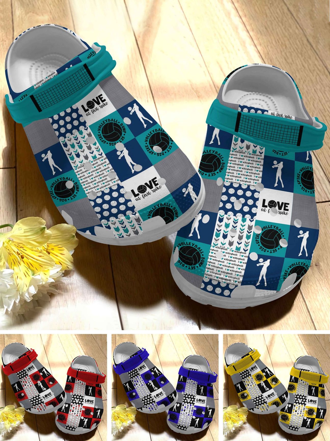 Volleyball Personalize Clog, Custom Name, Text, Fashion Style For Women, Men, Kid, Print 3D Love At First Spike