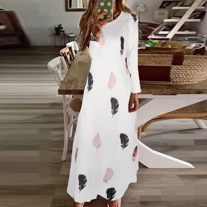 Women Retro O Neck Long Sleeve Hem Beach Dress New Autumn High Waist Loose Straight Dress Boho Casual Office Printed Maxi Dress alx