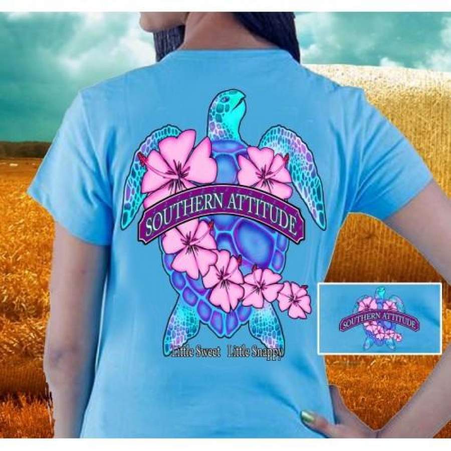 Country Life Outfitters Southern Attitude Snappy Sea Turtle Flower Carolina Blue Vintage Girlie Bright T Shirt