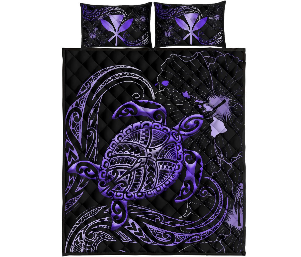 Alohawaii Home Set – Quilt Bed Set Kanaka Maoli Hawaiian Map – Turtle Polynesian Hibiscus Purple K4