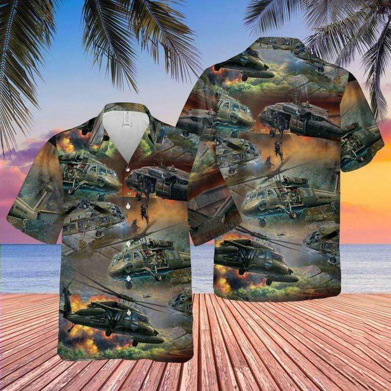 Hawaii Aloha Shirts Beach Shorts Army Helicopter Sikorsky Black Hawk Ha55428