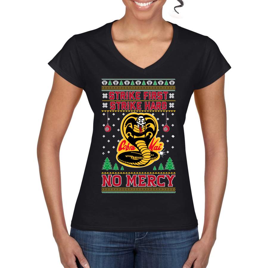 Strike First Strike Hard No Mercy Xmas Ugly Christmas Sweater Women’s Standard V-Neck Tee