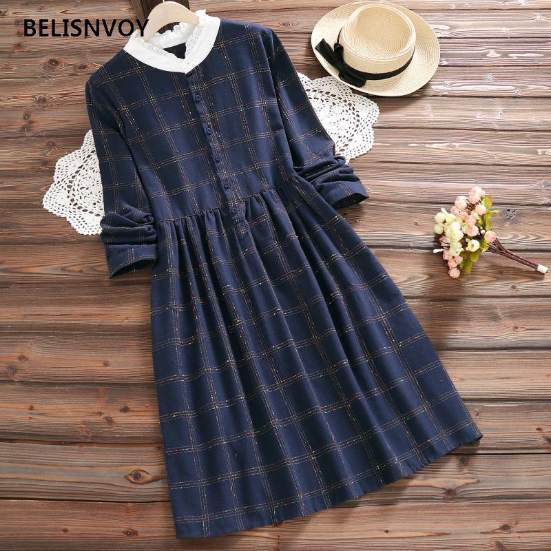 2021 New Vintage Spring Autumn Casual Lace Stand Collar Plaid Dress Women Long Sleeve Mori Girl Elegant Vestidos Feminino Dress alx