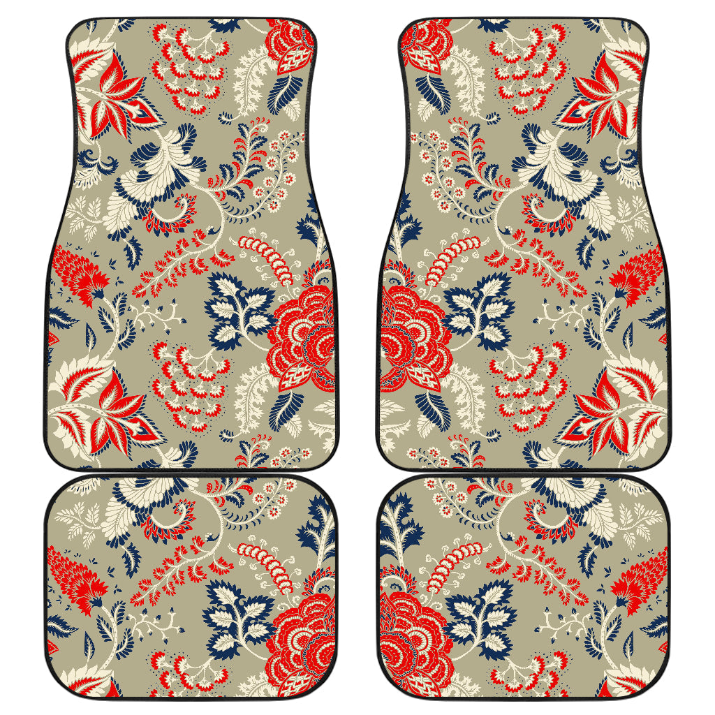 Beige Bohemian Floral Pattern Print Front And Back Car Floor Mats, Front Car Mat